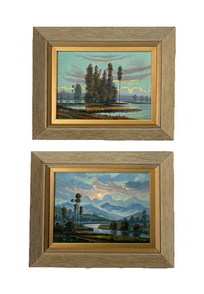 Vintage Landscape Painting Marsh Coastal Lake Mountain River Signed Pair