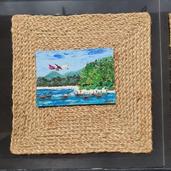 Airplane Painting Beach Boats Original Art Tropical Seascape Sky Coastal Artwork