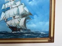Large Vintage Oil Painting Sailing Ship Seascape Signed Maritime Ocean Art