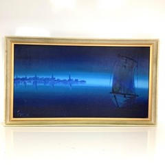MCM Original Oil Painting Sailboat Harbor Signed Tros Moret Label Vtg 1960s/70s