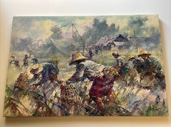 Vintage Impressionism Painting Chinese Thailand Bangkok Mystery Farmers Fishing