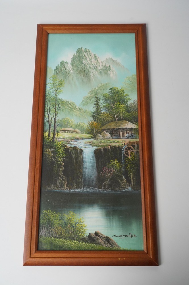 Suh Jin Hee Signed Oil Painting Canvas Mountain Waterfall Summer Landscape 24×11