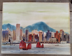 EXQUISITE ORIGINAL WATERCOLOR Pen & Ink VICTORIA HARBOR HONG KONG 12″ x 15-3/4″
