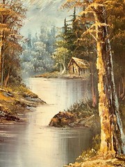 VTG G Whitman Trees Landscape Cabin Lake River Mountains Canvas 13.75”W 25.75”T