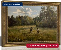 Kids in Summer Field Canvas Wall Art Vintage Gold Framed Landscape Painting 12×1