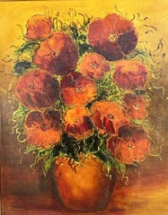 Vtg Mid-Century Poppy Flower Oil Painting, H Douglas, Framed 24″W x 28″H