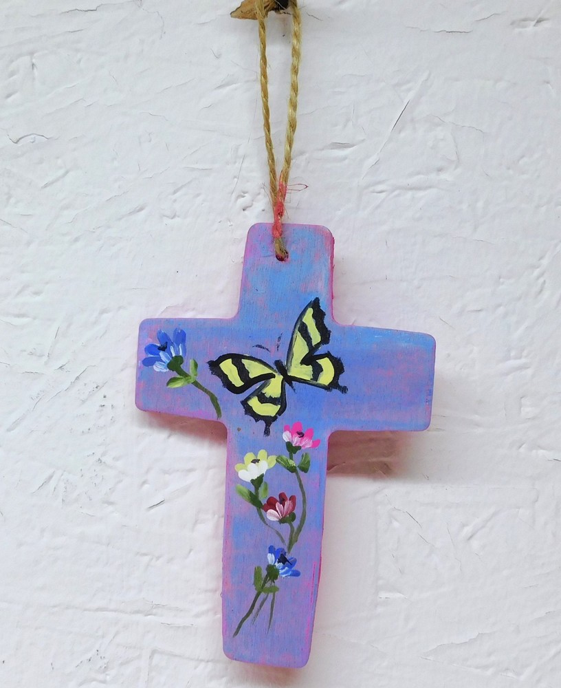 Wood Cross with Butterfly flowers and quote Original Art Painting by Rain Crow