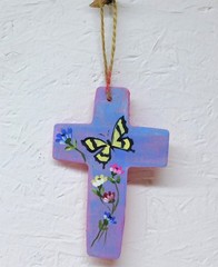 Wood Cross with Butterfly flowers and quote Original Art Painting by Rain Crow