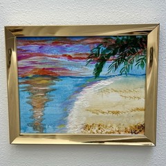 Original Signed Tropical Beach Sunset Painting Palm Tree Coastal Art Gold Frame