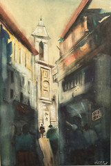 People & Houses in Dark Shadows & Sun Watercolor Painting-C. 1970s-James Carlin
