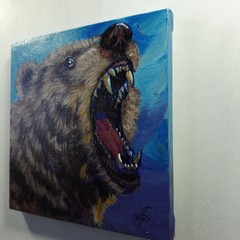 Original Acrylic Painting Roaring Grizzly Bear Portrait Small Hand Painted Art