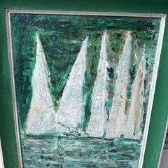 Vintage Antique Barn Find Original Oil Painting On Board Sailboats ~20”x24”