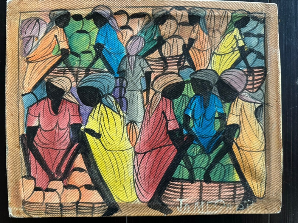 Signed JAMES Vintage on Cloth Canvas Art Painting HAITI Women in Market 8×10 in