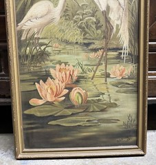 Antique 39×15” Water Lilies Cranes Oil Painting Birds Floral Landscape Lake SGND