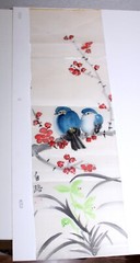 Painting on Silk Blue Birds with Pink Cherry Blossums Signed Vintage
