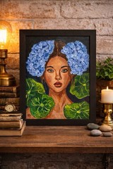 Blue Floral Portrait Painting 11×14 Framed Woman Face Wall Art