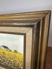 Fields Of Flowers W Barn Original Oil Painting Signed Molina 11×17 Primitive Art