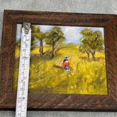 Vtg Miniature Oil Landscape Painting Framed Meadow Figure Rustic Wood 5.5×4.5