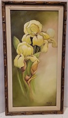 VTG Oil Painting Canvas Green Iris Flowers Bamboo Style Frame Signed 22×12