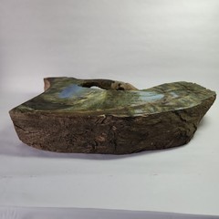Vtg Hand Painted Wood Live Edge Slab Mountain Scenery Art Woodland Scene w/Pond