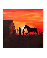 Country Western Barn Cowboy Girl & Horse Sunset Original Acrylic 12×12” Canvas