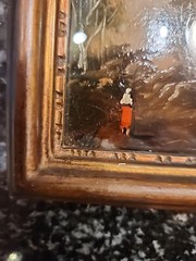 Antique French Enamel on Copper Painting Couple Embracing signed DeRei 4″X4.75″