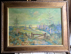 Oil Painting Signed Monogram Landscape Fir Fence Art Nouveau Around 1920 Forest