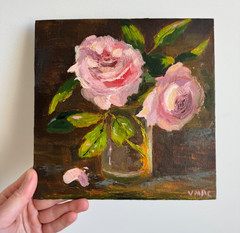 Flowers Roses Original Oil Painting on Canvas Bouquet Impasto Artwork Signed 8×8