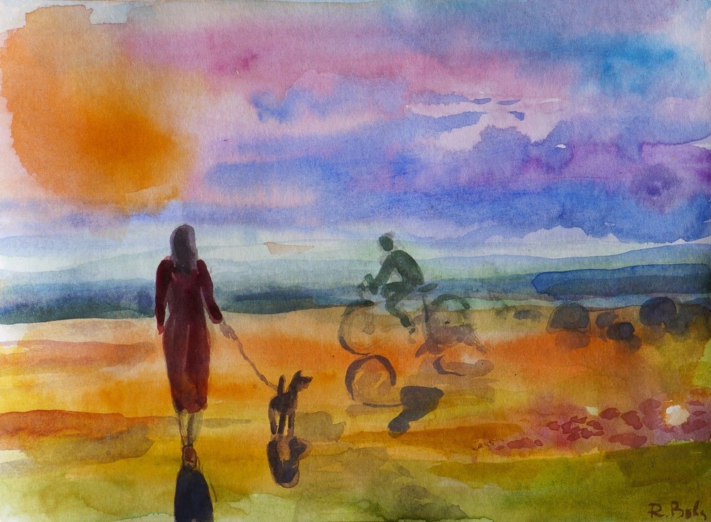 Vintage small watercolor painting Woman by sea signed original 14 x 21 cm