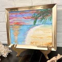 Original Signed Tropical Beach Sunset Painting Palm Tree Coastal Art Gold Frame