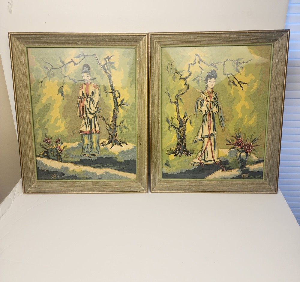 Vintage „Kiyo“ Signed Pair Of MCM WC Paintings Japanese Lady & Man With Frames