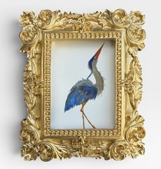 Great Blue Heron mini watercolor bird print of original • vintage ornate frame