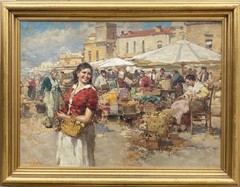 Giacomo Pittoz Oil Painting Italian Market Scene Woman Figure Signed Large