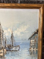Vintage ORIGINAL OIL ON CANVAS PAINTING SHIPS NAUTICAL SEASCAPE HARBOR