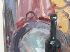 22×28 Mid Century Vintage Oil Painting Still Life Fruit Watermelon Wine Bottle