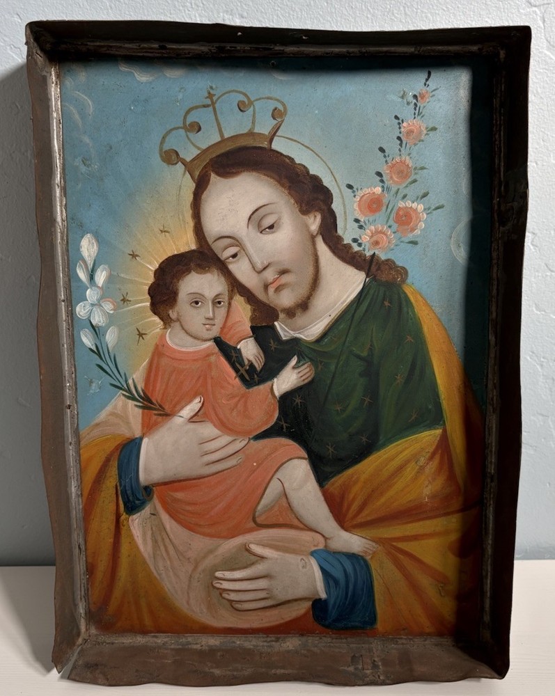 19th Century Retablo Antique Mexican Oil on Tin Painting Joseph Christ 14.5×10.5