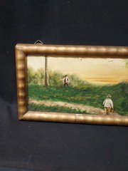 Antique Oil Painting Folk Art Country Scene Hunter Pointing ? Signed 12×6″
