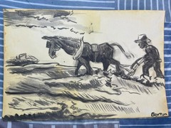THOMAS HART BENTON drawing and painting on old paper signed stamped vintage