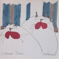 Siamese Twins • Martha Palmquist Original Framed Cats Watercolor Signed 7” X 7”