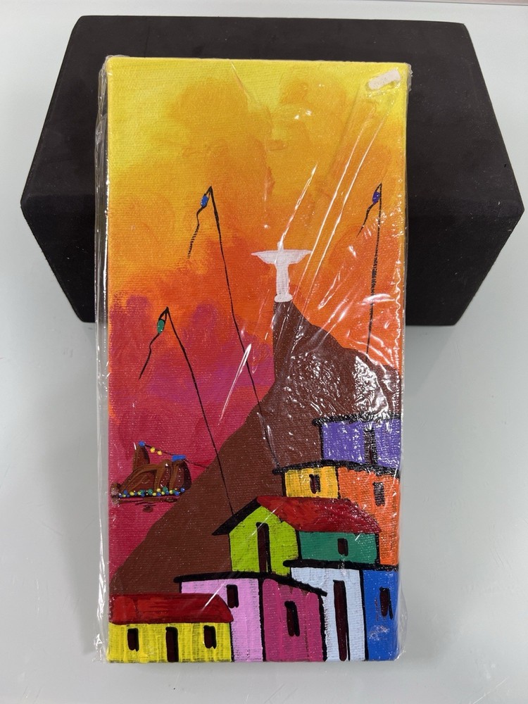Original Hand Painted Canvas Rio Christ Redeemer Village Signed on Back Art