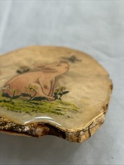 Vintage Signed Hand Painted Pig And Butterfly On Slice Of Agate Stone 1985