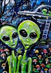 Original ACEO Painting ALIEN Mushrooms Stars ET Martian Universe UFO ATC ART