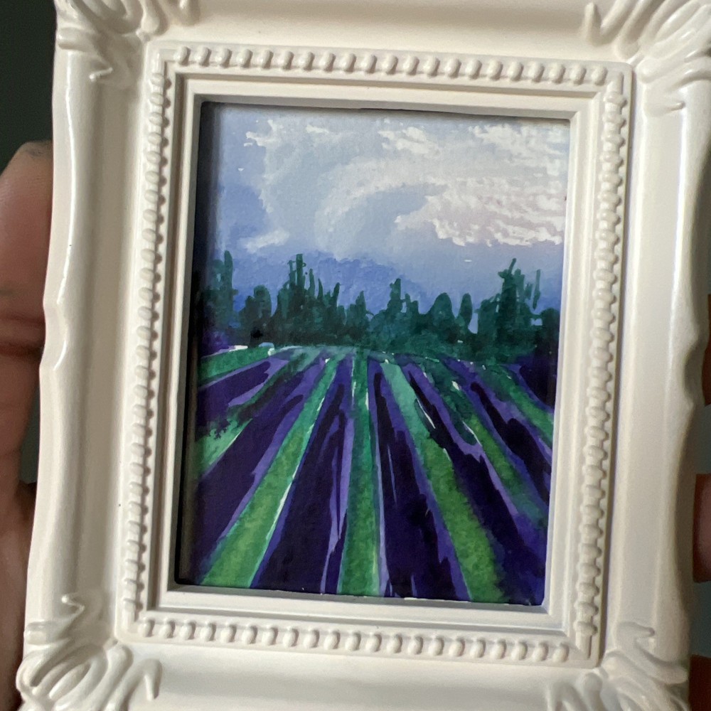 Lavender Field Landscape,original Watercolor, Painting,small,mini,framed