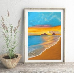 Seascape Painting Tropical Seaside Sunset Beach Original Oil Pastel 8х11″
