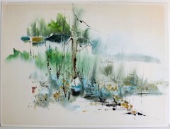 VINTAGE WATERCOLOR ON CARDBOARD SIGNED AND SEAL STAMP CHINESE ARTIST FARM HOUSE