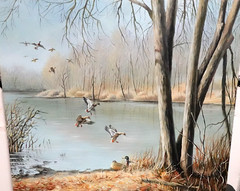 NELSON ORIGINAL OIL ON CANVAS DUCKS ON A LAKE LANDSCAPE PAINTING UNFRAMED