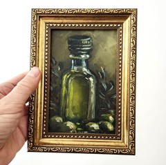 Olive Oil & Olives Original Oil Painting Framed Rustic Still Life Cottage Decor