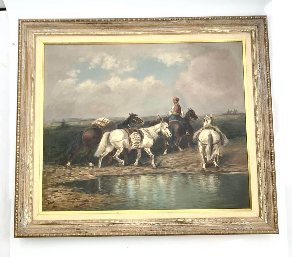 Painting Traveler with Horses Old World Style Vintage Art Oil on Canvas Signed