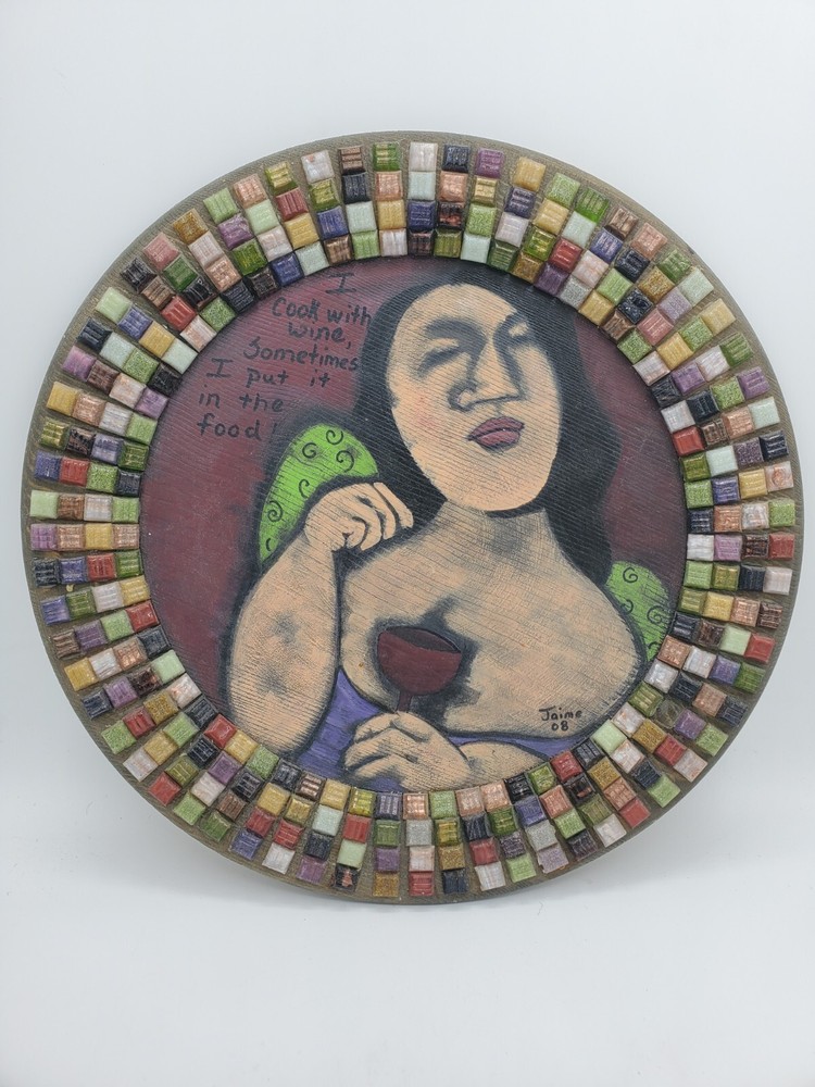 Original Mosaic/Oil Painting On 12″ Round Wooden Plate ,Signed By Artist