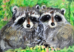 ORIGINAL ACEO Painting RACCOON Spring Flowers Landscape Animal Wild Nature ART
